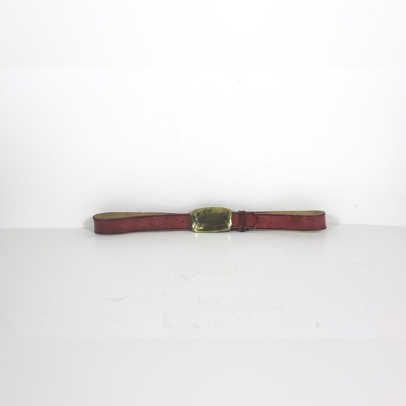 Vintage Red Leather Belt with Gold Statement Buckle Made in USA Black Topstitchi - Picture 2 of 10